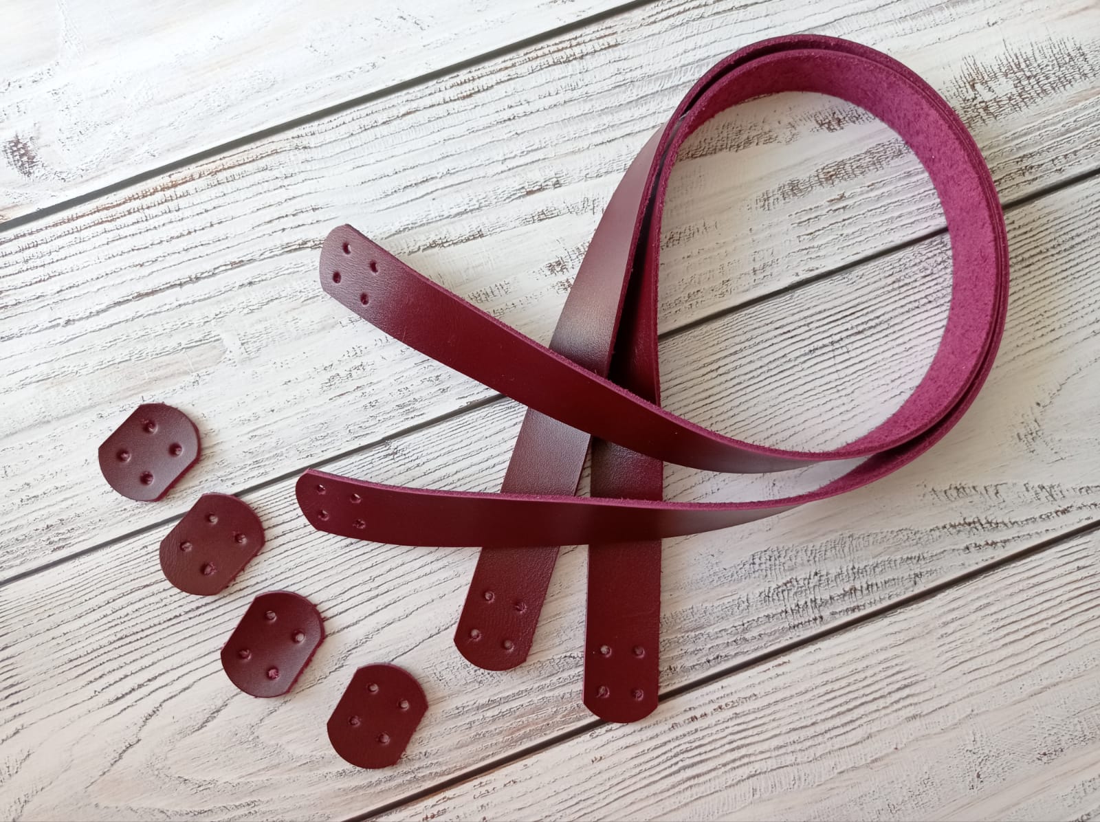 Ручки для вязаной сумки  60х2,5 см - 2 шт. Бордовые. Натуральная кожа