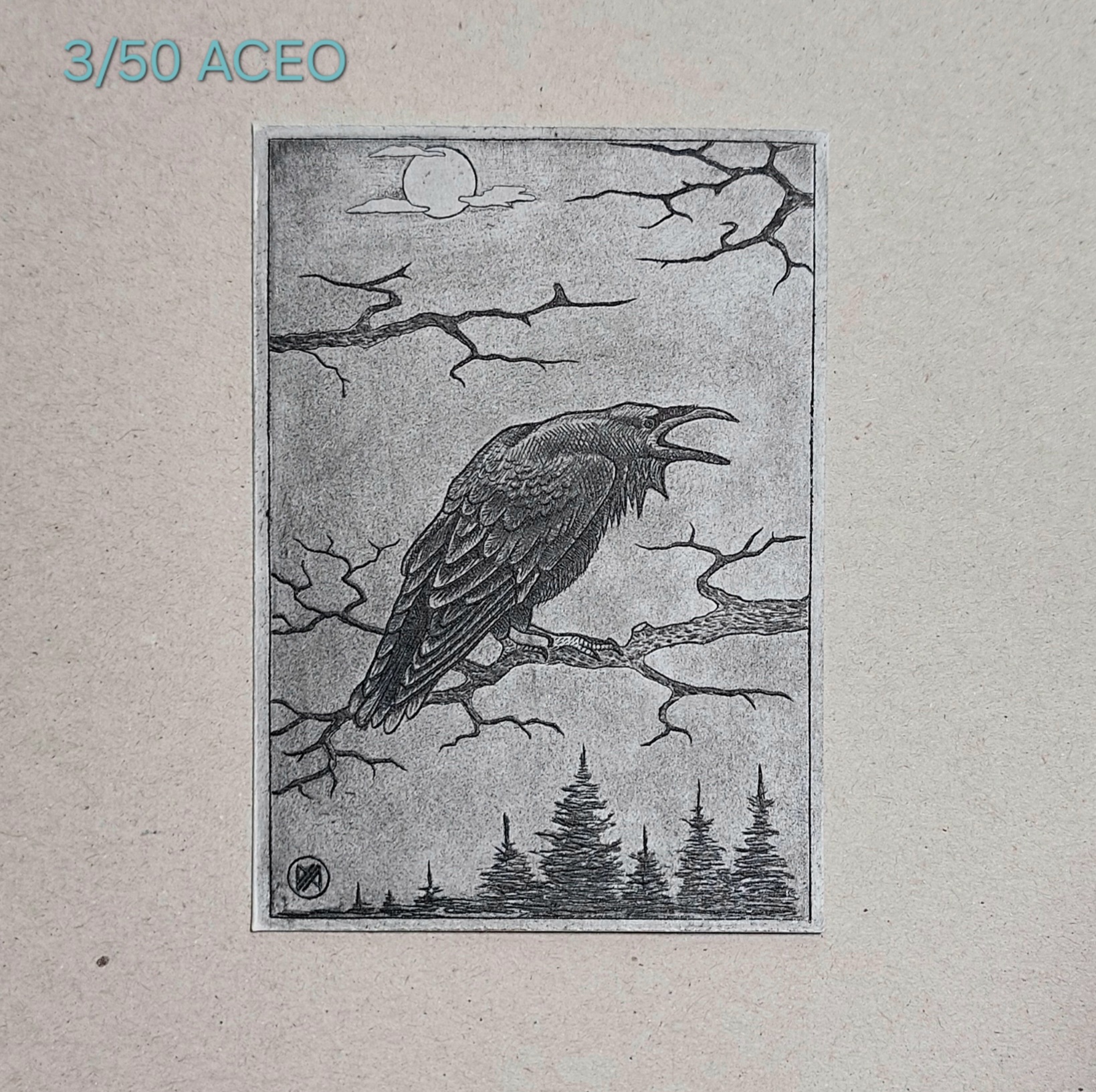 "Raven" intaglio print ACEO