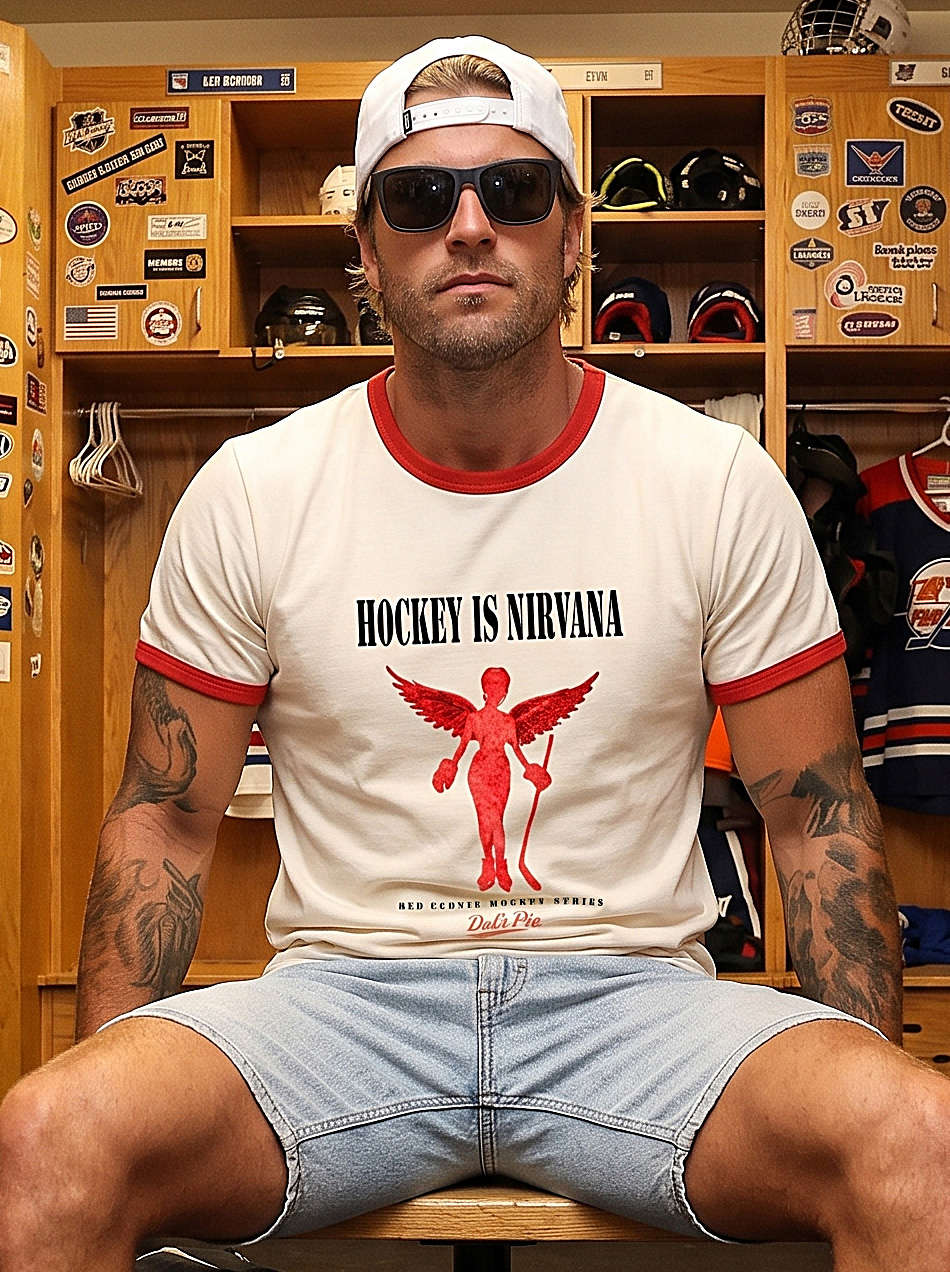 Футболка молочная с красным кантом и принтом Hockey is Nirvana