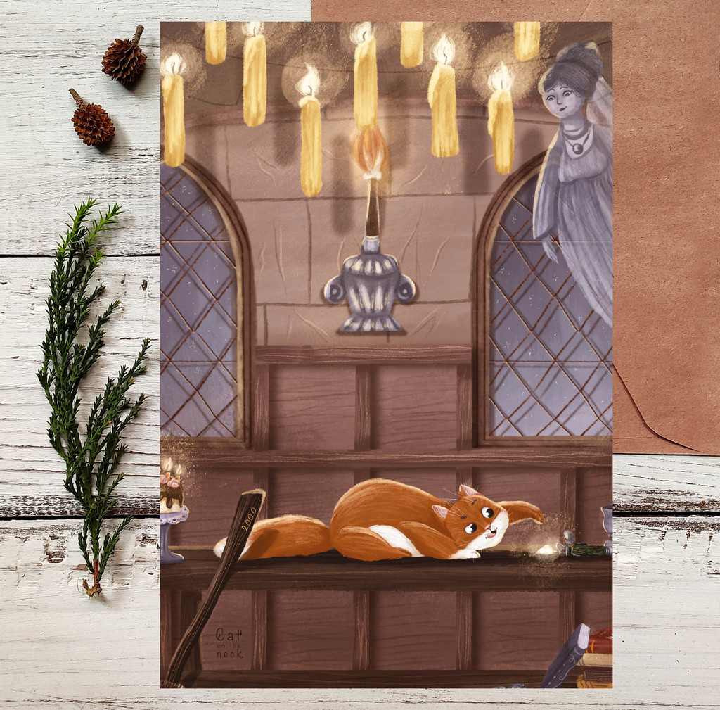 Почтовая открытка "Котик в Хогвартсе"