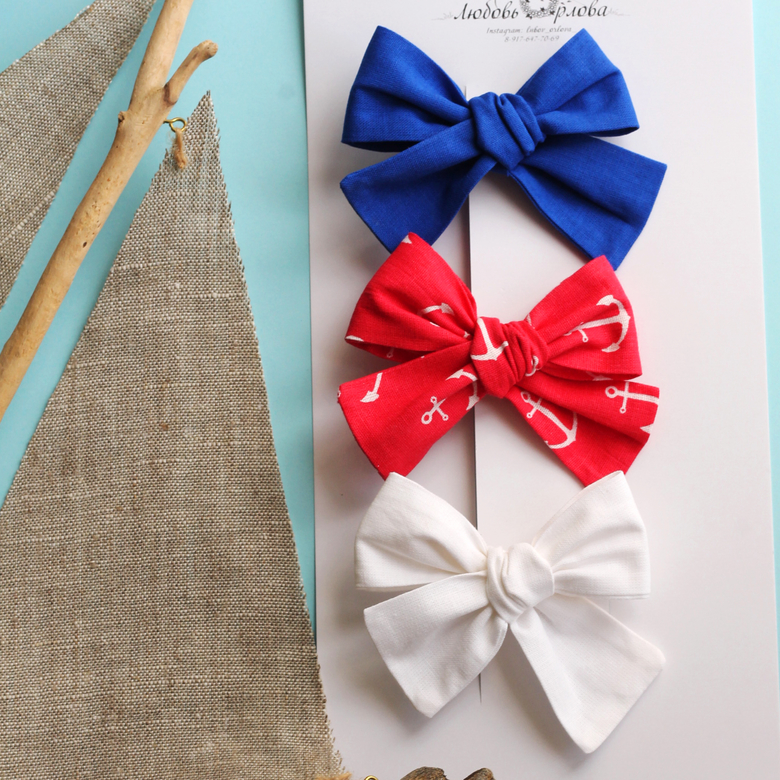 Комплект хлопковых бантов на заколке МОРСКОЙ