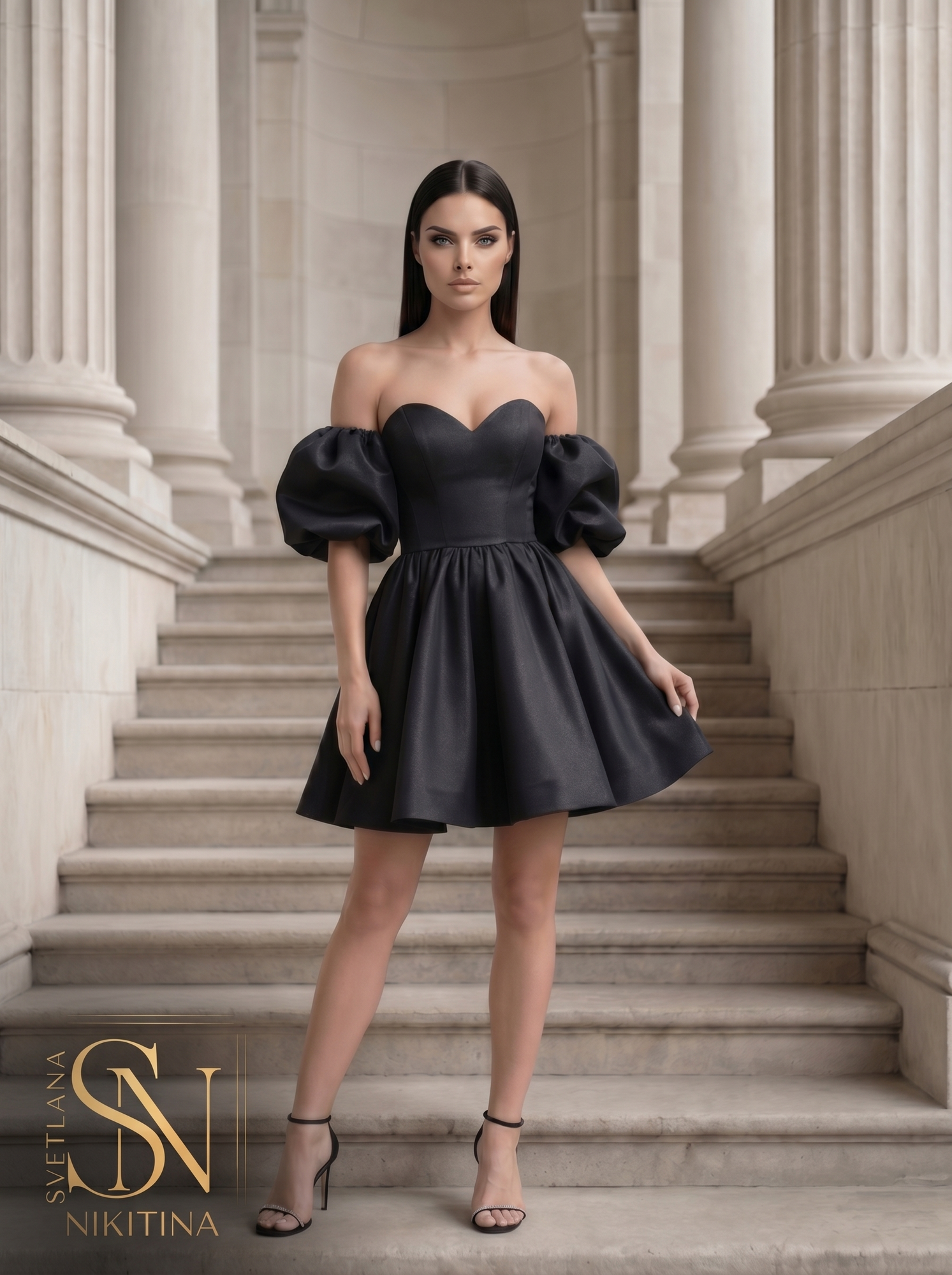 Вечернее платье DOLLY BLACK с рукавами буфами