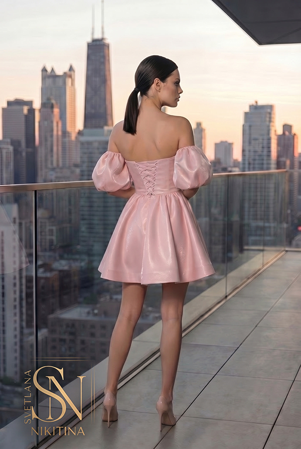 Вечернее платье DOLLY PINK с  рукавами буфами