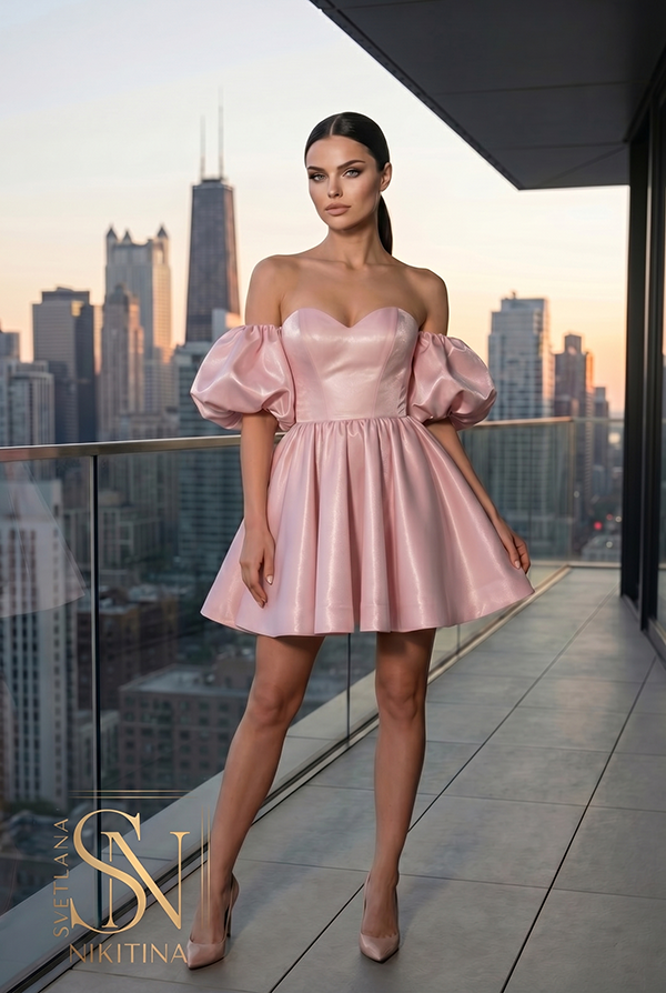 Вечернее платье DOLLY PINK с  рукавами буфами