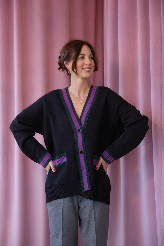Черный  кардиган из хлопка (зелено-фиолетовый кант)