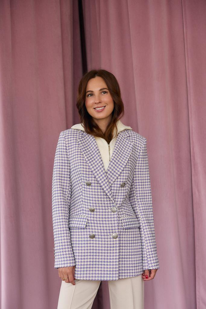 Жакет  приталенный  твид гусиная лапка лаванда+молочный