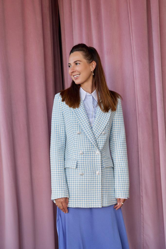 Жакет  приталенный  твид гусиная лапка голубой+молочный
