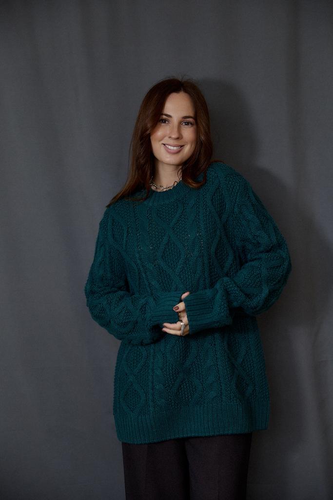 Джемпер  с косами в еловом  цвете