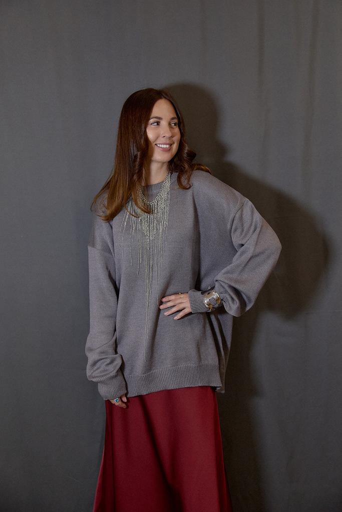 Джемпер из хлопка с круглым вырезом стальной