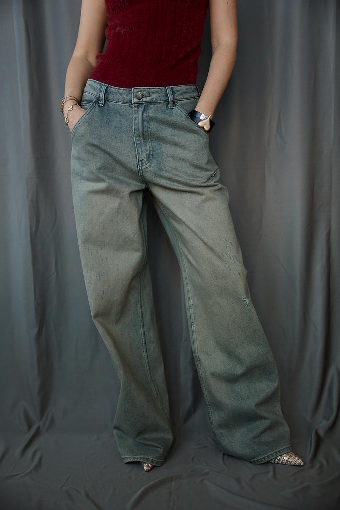 Джинсы прямые серо-зеленые  из хлопка
