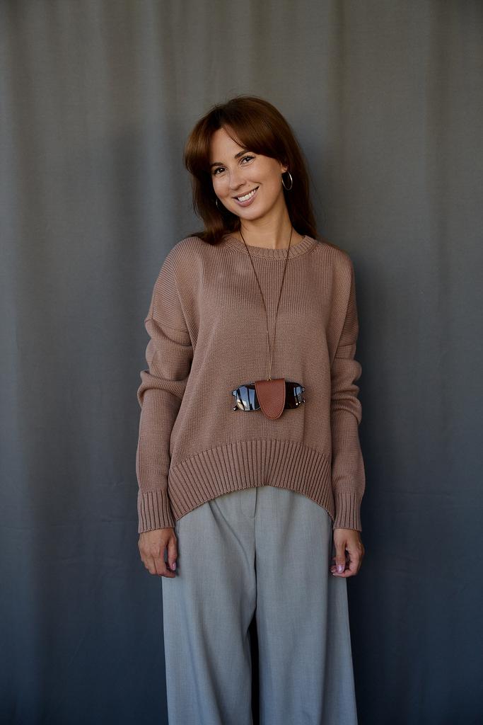 Джемпер  с круглым вырезом  из  хлопка кофейный