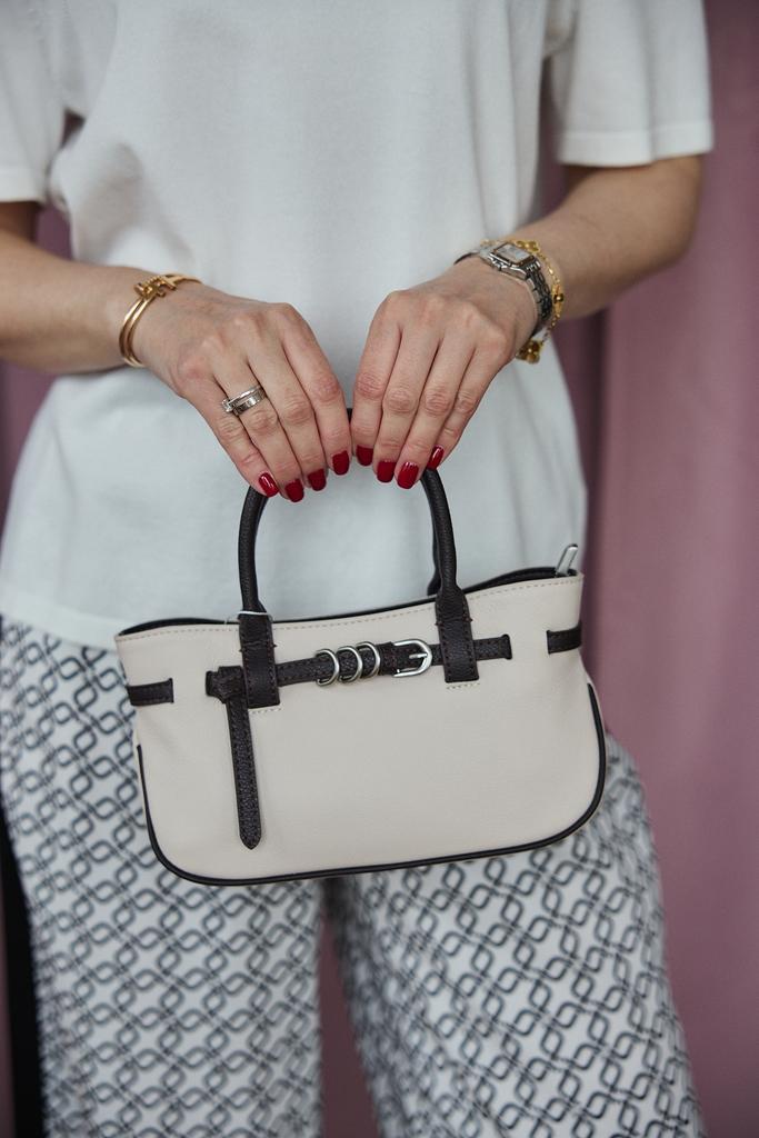 Сумка бежево-розовая с коричневым Кантом из натуральной кожи