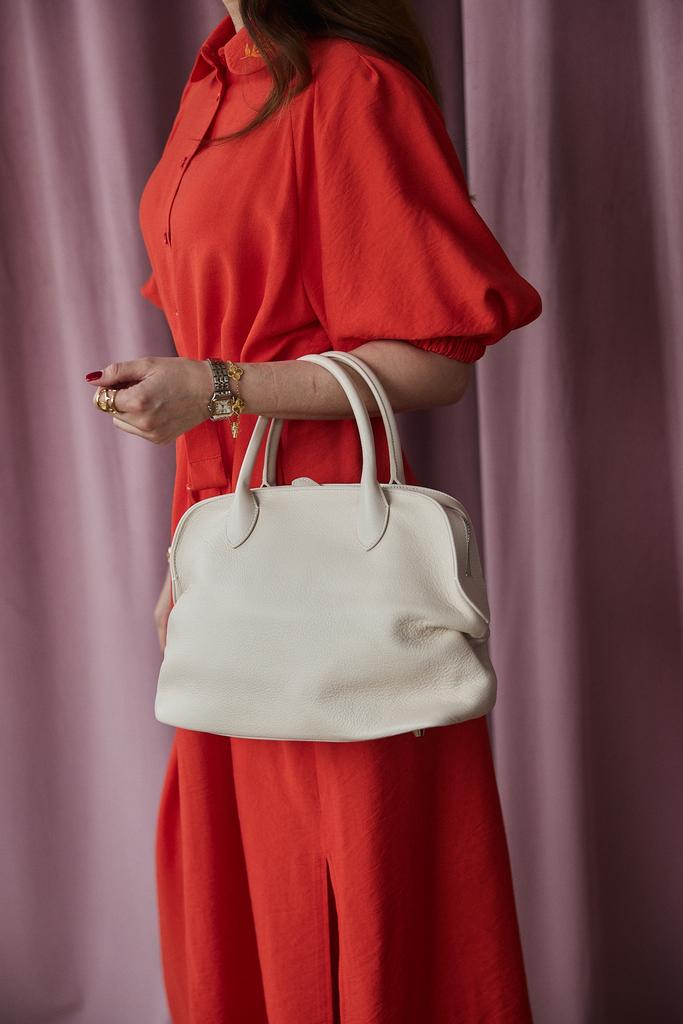 Сумка  из натуральной кожи бежево-розовая  со сборкой по бокам