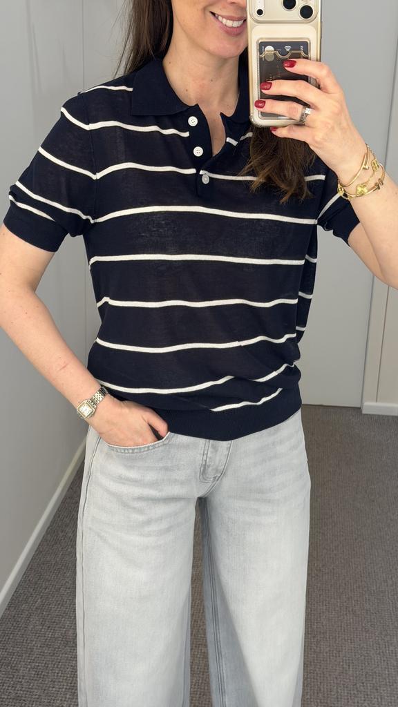 Футболка-поло синяя в белую полоску лён