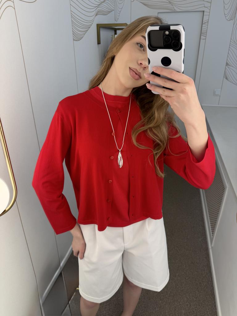 Кардиган из  трикотажа красный рукав 3/4