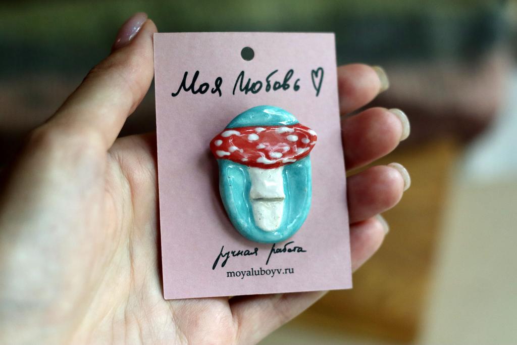 брошь"Мухомор на бирюзовом фоне"