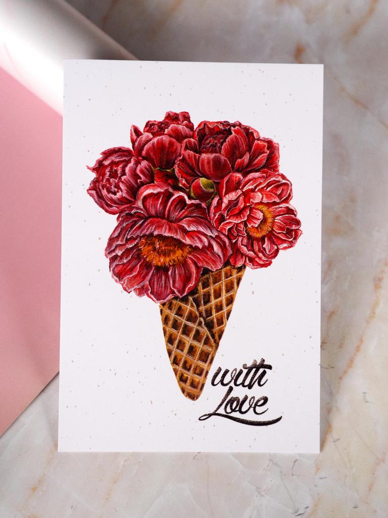 Открытка "Рожок с пионами"