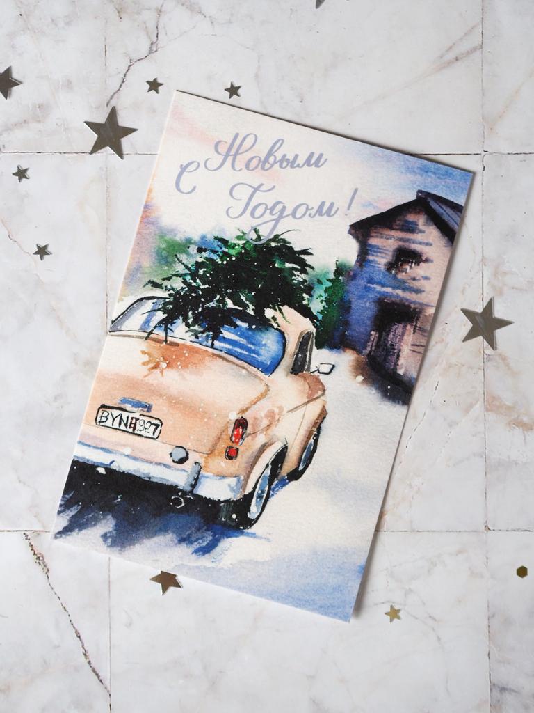 Открытка новогодняя с ретромобилем