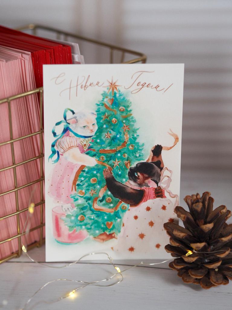 Открытка с котиками и елкой