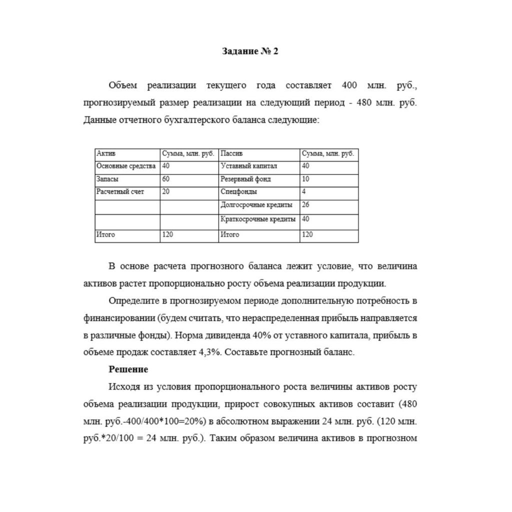 Объем реализации текущего года составляет 400 млн. руб., прогнозируемый размер реализации на следующий период - 480 млн. руб. Данные отчетного бухгалтерского баланса следующие: