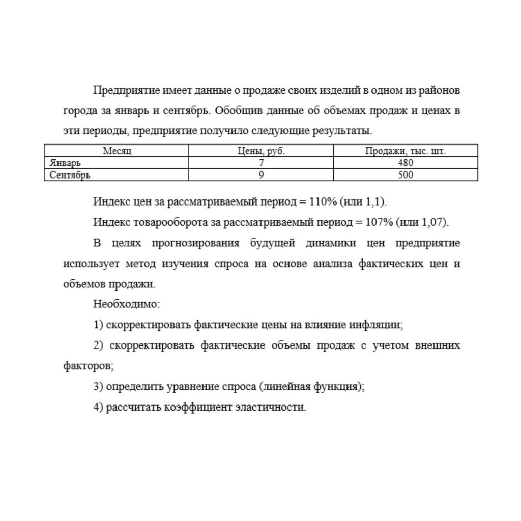 Предприятие имеет данные о продаже своих изделий в одном из районов города за январь и сентябрь. Обобщив данные об объемах продаж и ценах в эти периоды, предприятие получило следующие результаты.