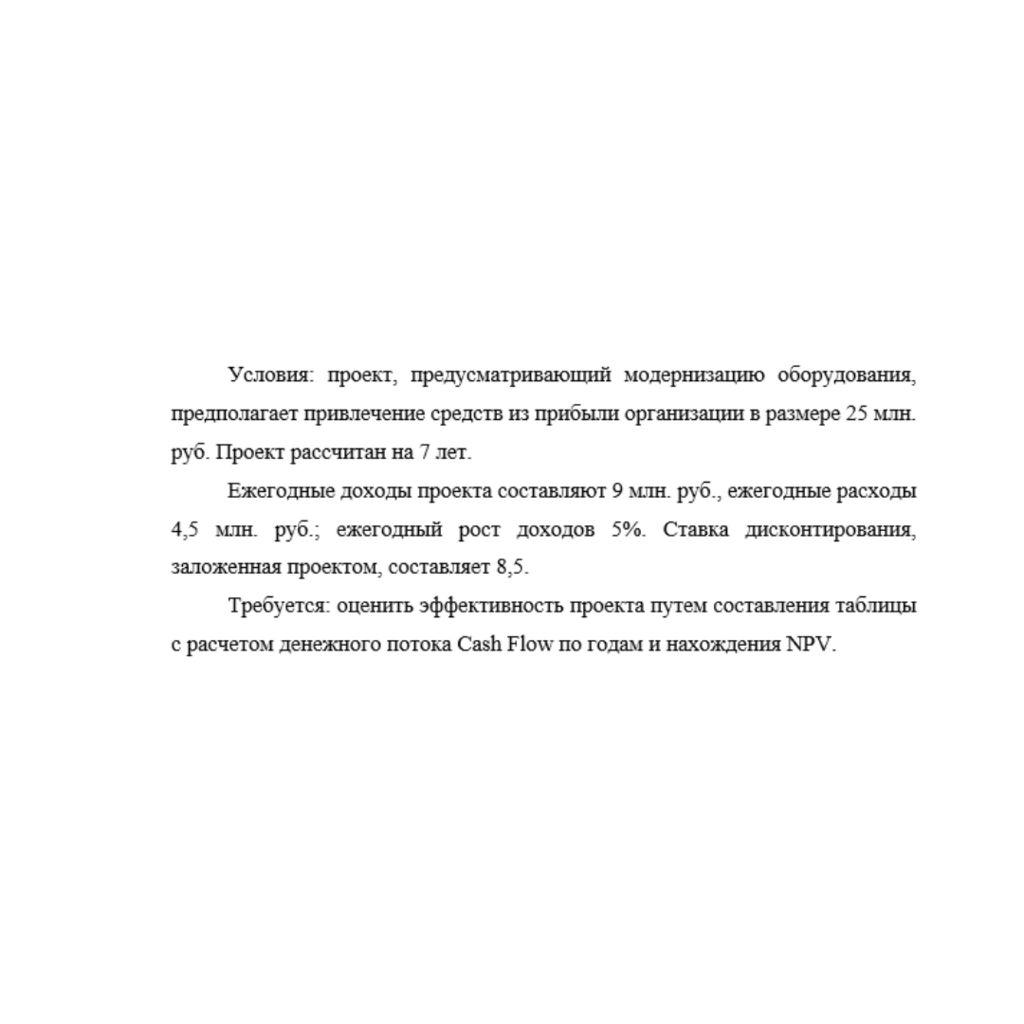 Условия: проект, предусматривающий модернизацию оборудования, предполагает привлечение средств из прибыли организации в размере 25 млн. руб. Проект рассчитан на 7 лет.