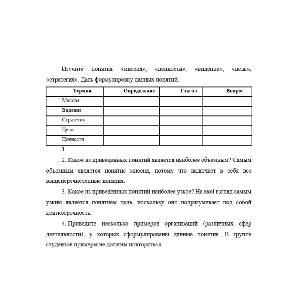 Изучите понятия «миссия», «ценности», «видение», «цель», «стратегия». Дать формулировку данных понятий.