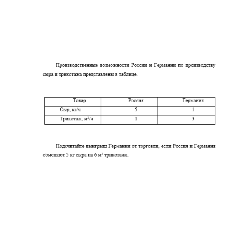 Производственные возможности России и Германии по производству сыра и трикотажа представлены в таблице