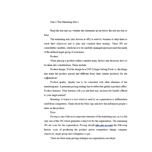 Unit 2 The Marketing Mix 1