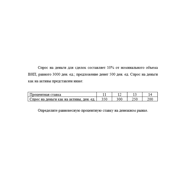 Спрос на деньги для сделок составляет 10% от номинального объема ВНП