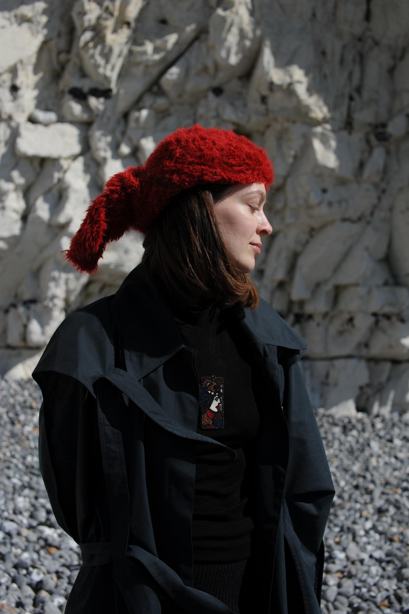 Red fur scarf bonnet