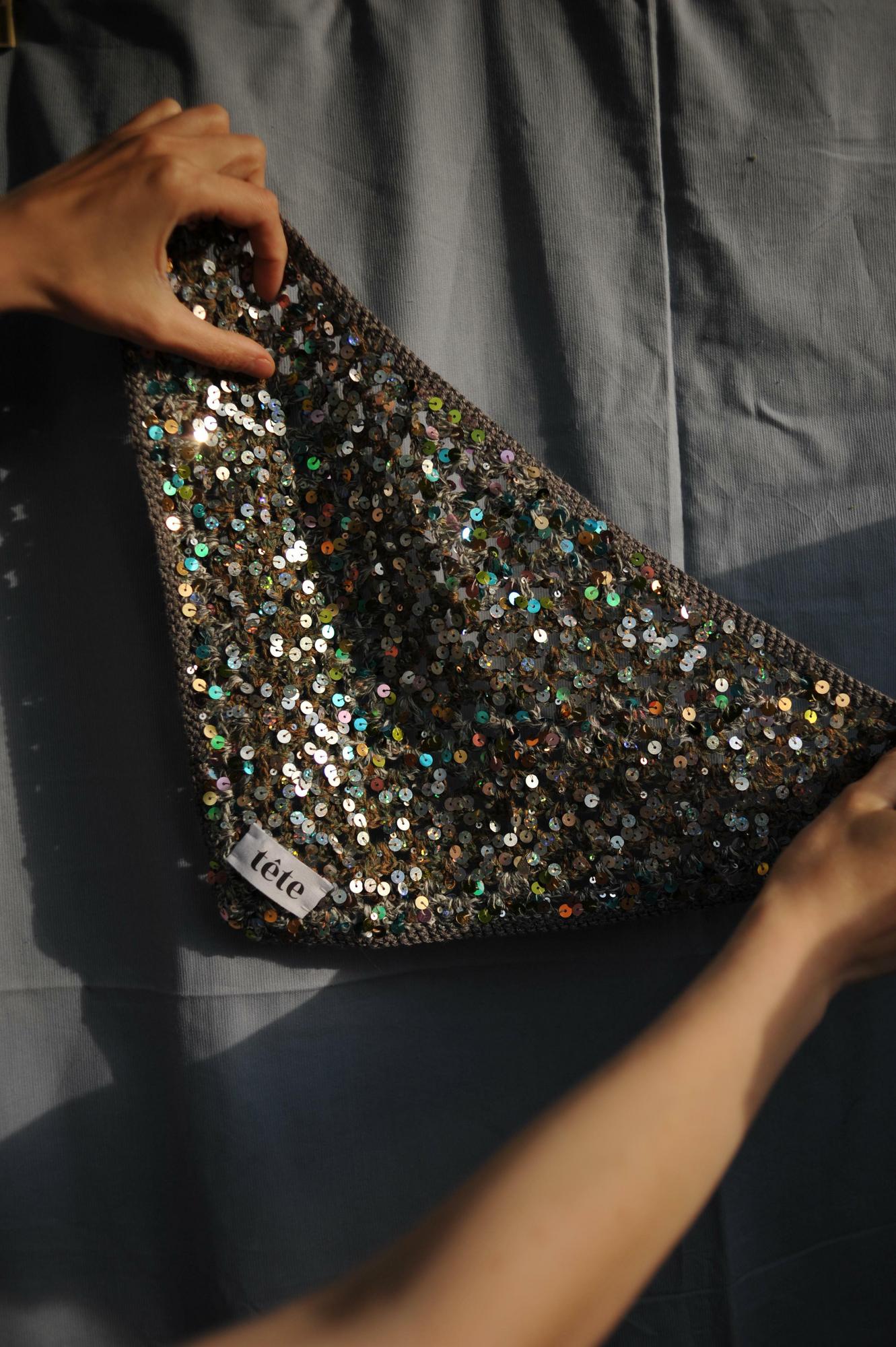 Косынка с пайетками из хлопка серый/хаки