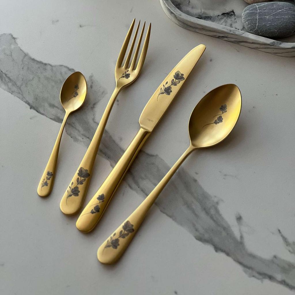 Набор столовых приборов 4 предмета, серия Epsilon Matt Gold 24k Flower, NARIN (Турция)
