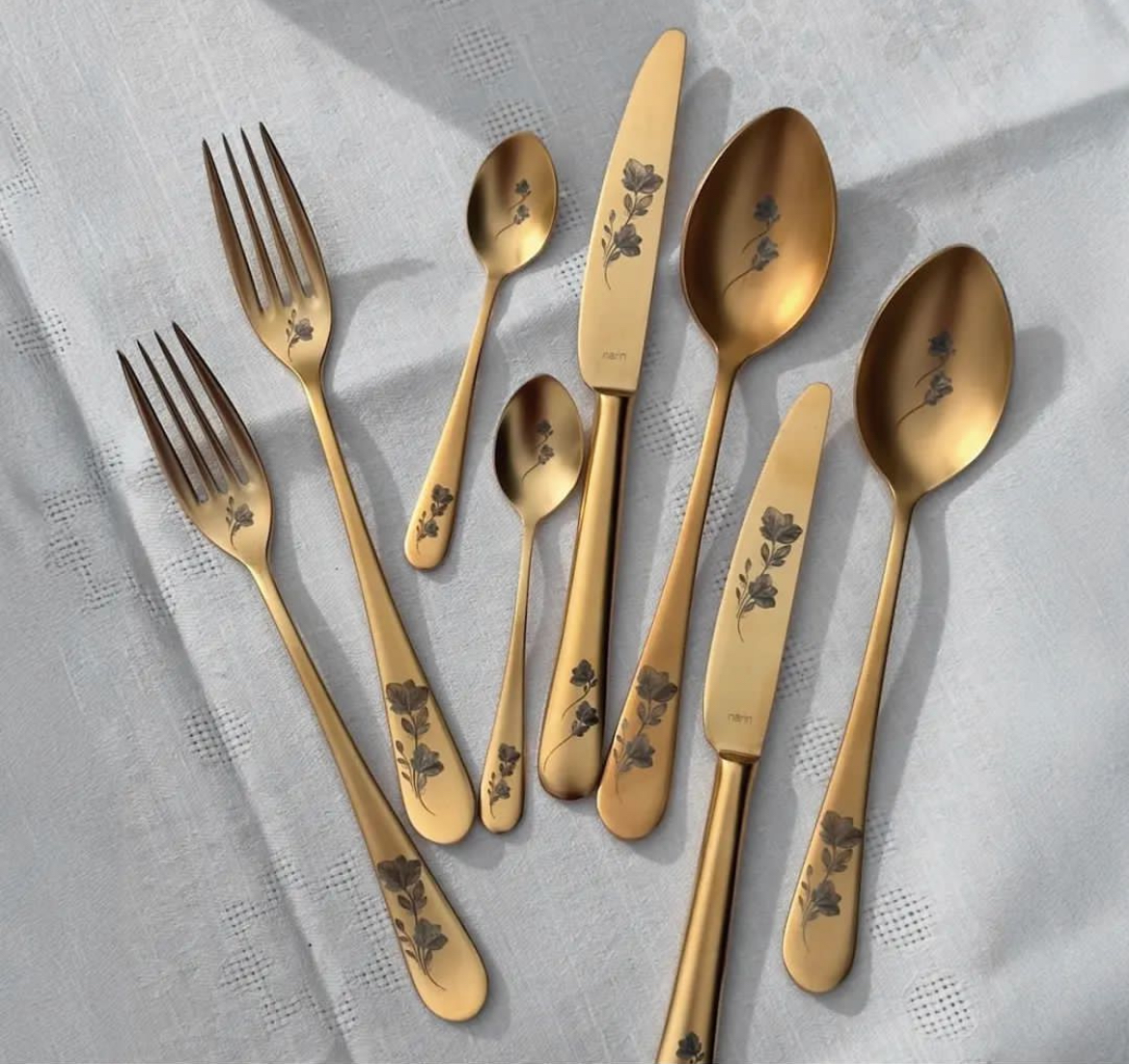 Набор столовых приборов 4 предмета, серия Epsilon Matt Gold 24k Flower, NARIN (Турция)