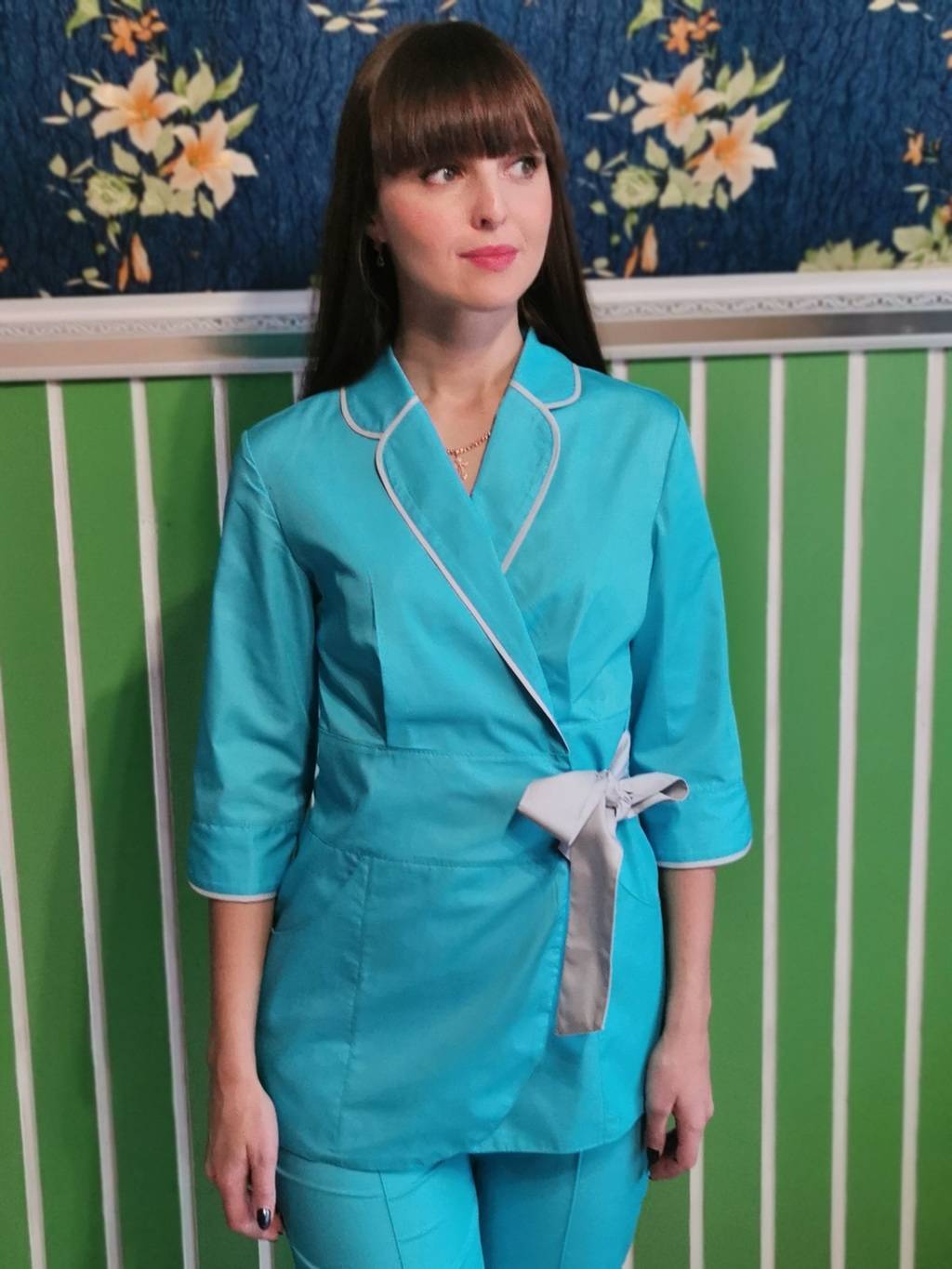 Костюм медицинский женский "Бант", Тиффани/серый