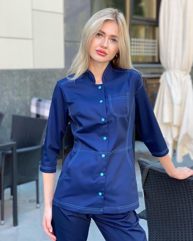 Костюм медицинский женский "Рубина", т. синий, кн. гол., рукав 3/4, РАСПРОДАЖА ОСТАТКОВ