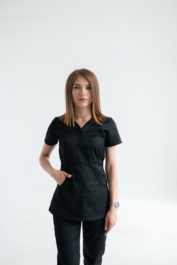 Костюм медицинский женский "Тедди", черный, брюки джоггеры