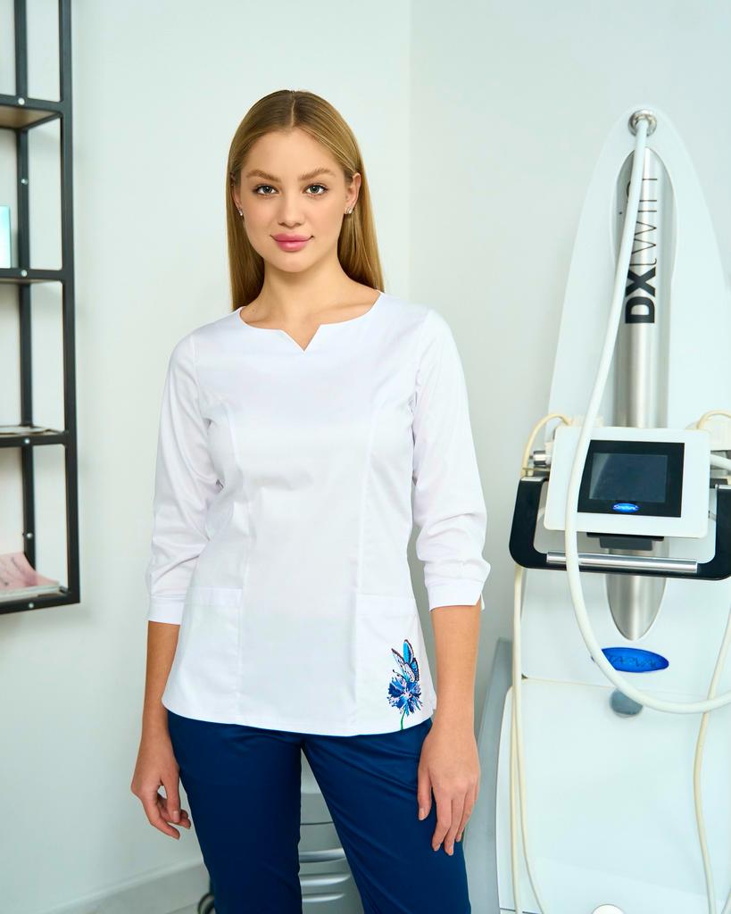 Костюм медицинский женский "Ирис",  стрейч, белый/синий