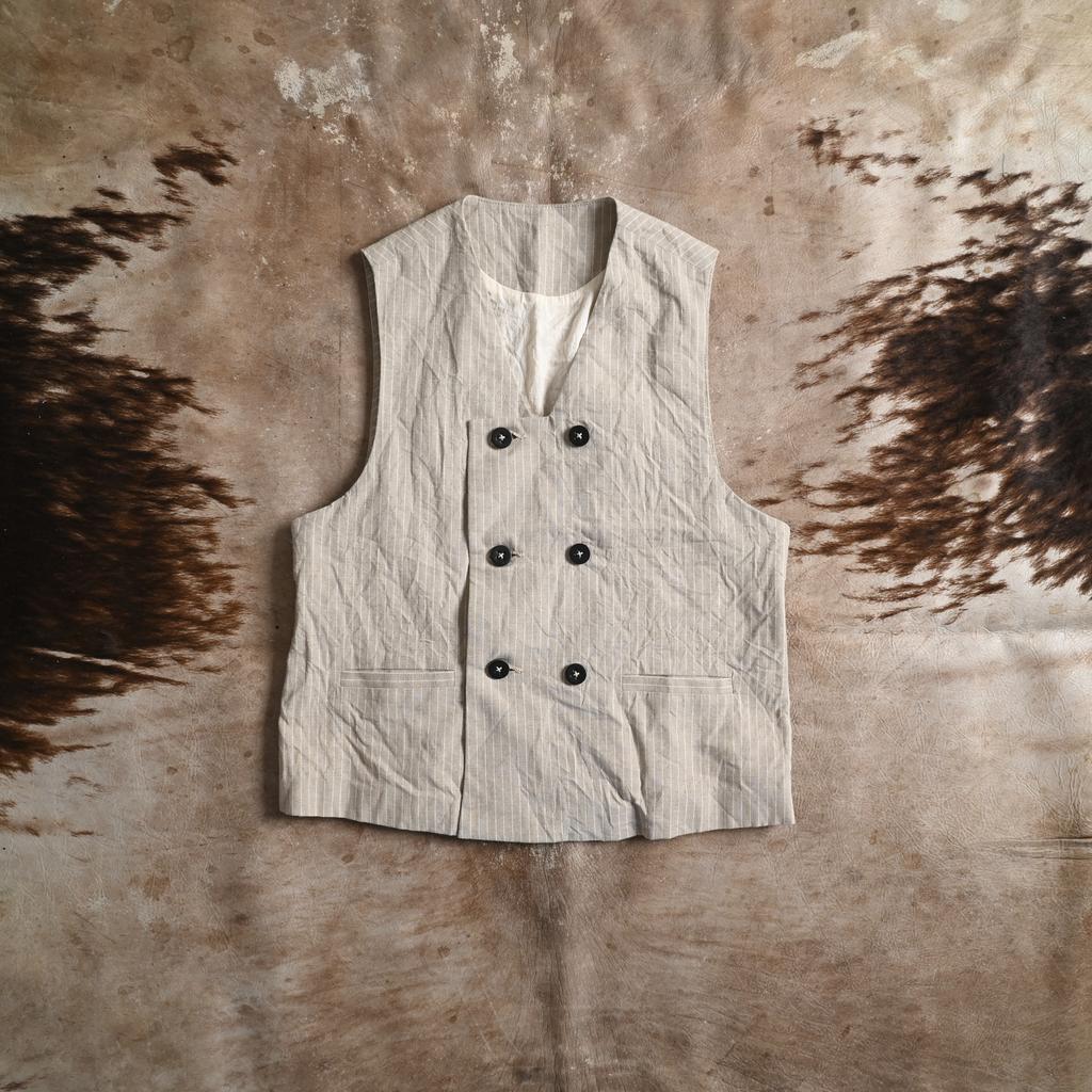 Vest #1 in warm grey striped linen