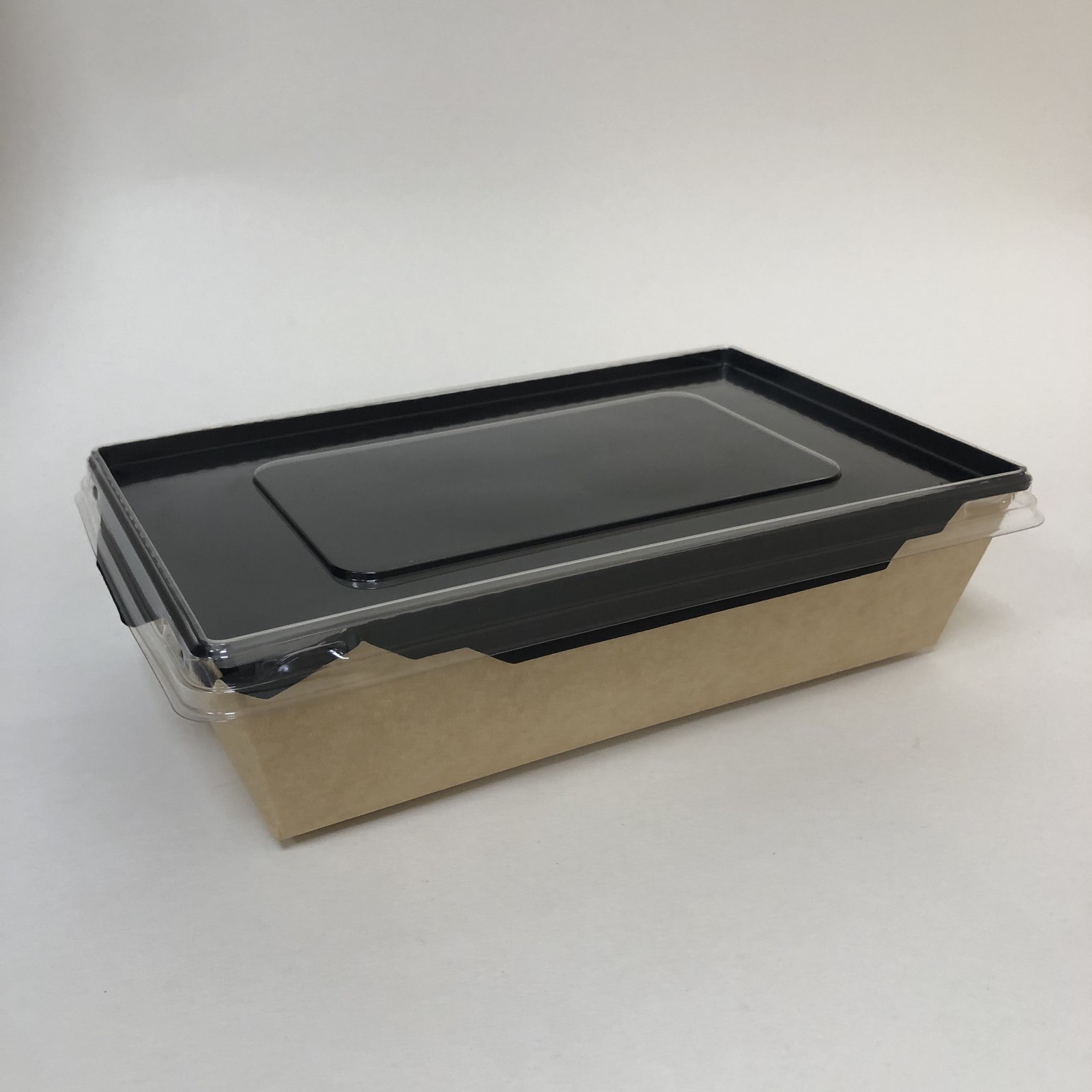 Салатник  800 мл с прозрачной плоской крышкой, крафт/черный, 50 штук/упак.