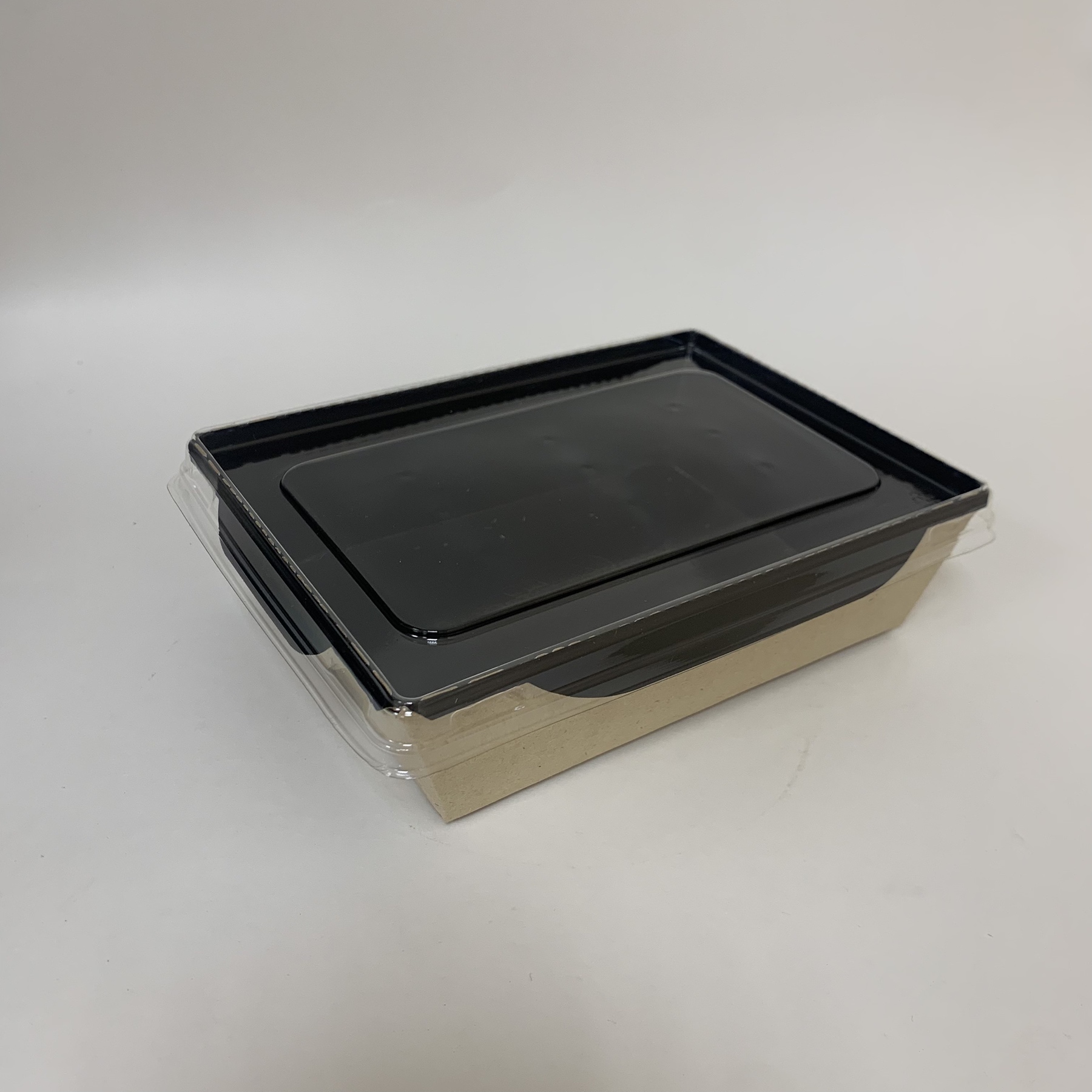 Салатник 400 мл с прозрачной плоской крышкой, крафт/черный, 50 штук/упак.