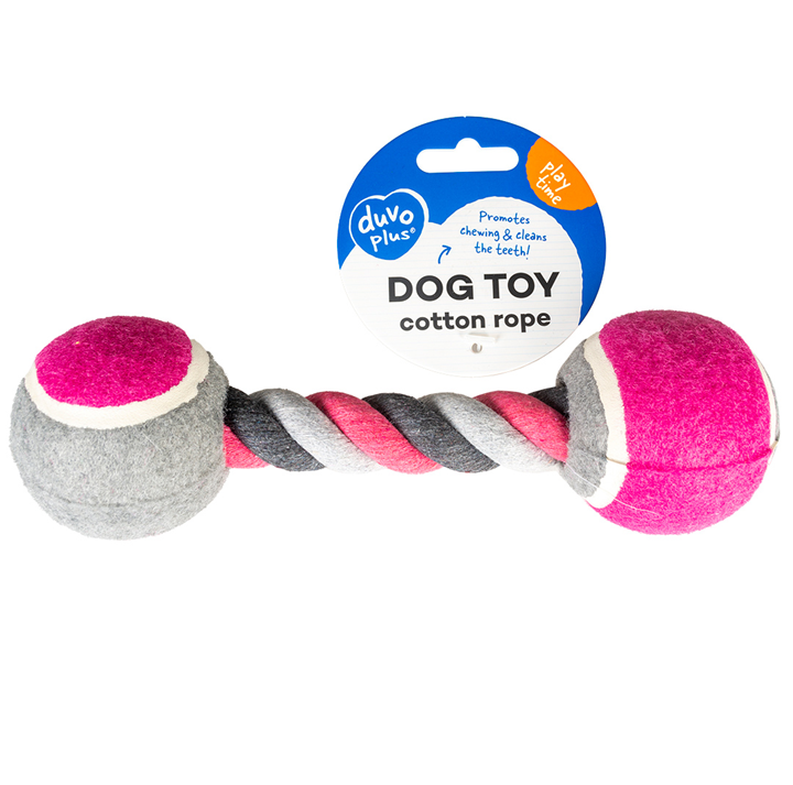 DUVO+ Игрушка для собак веревочная "Гантель с мячиками", серо-розовая, 18см (Бельгия)