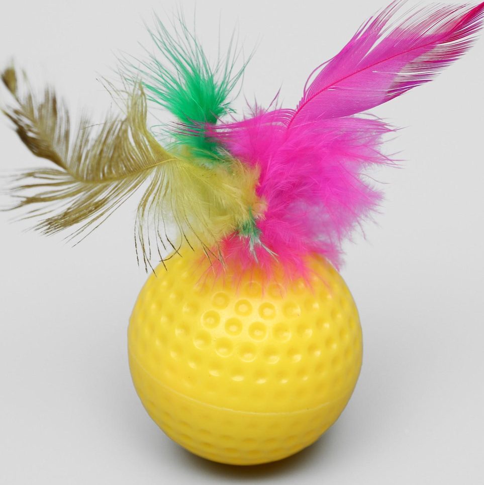 Игрушка для кошек «Рифлёный шар с пером», 3.5 см, микс цветов