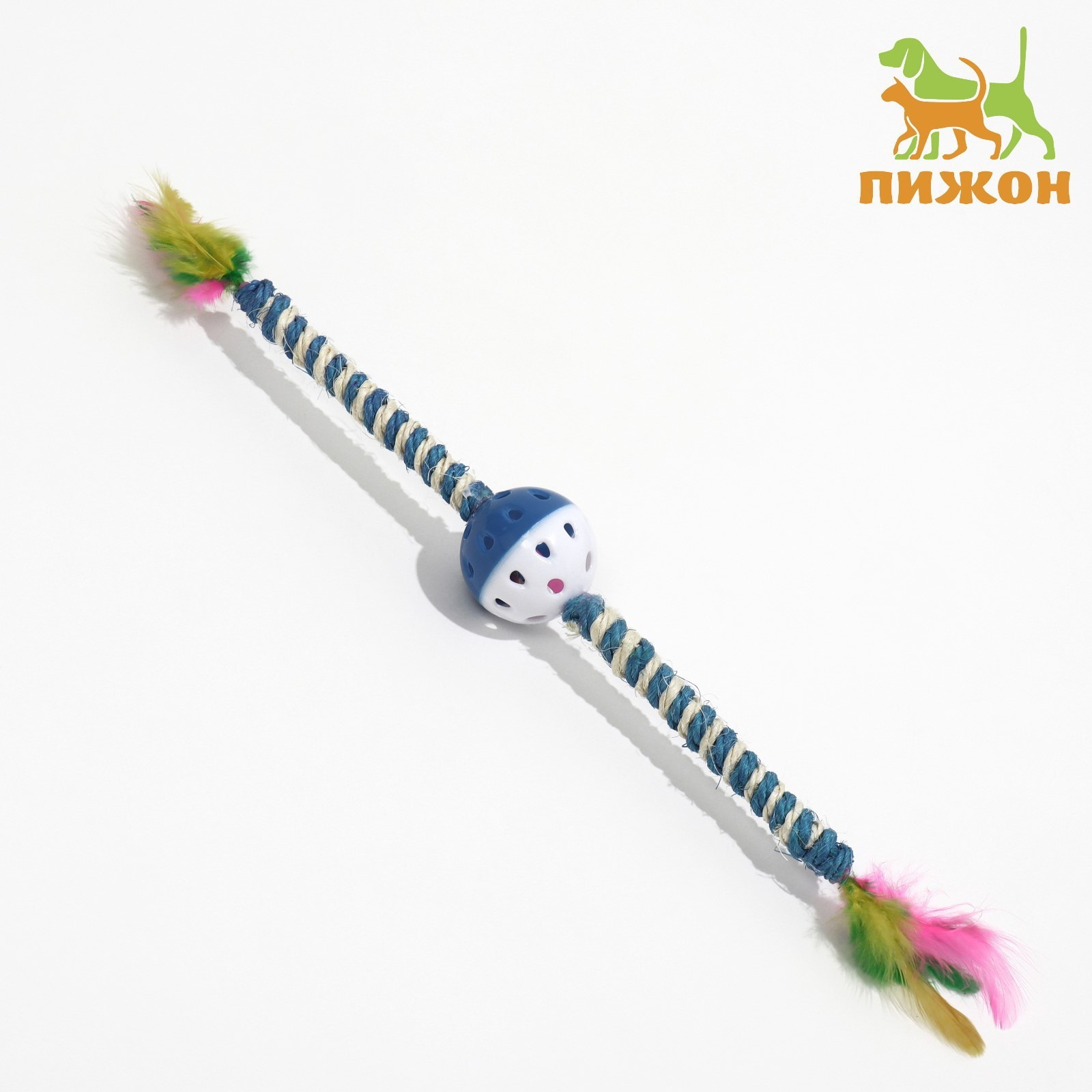 Пижон Игрушка-дразнилка для кошек "Двойной пушок" с шариком и сизалевой обмоткой, 32 см, синяя/белая