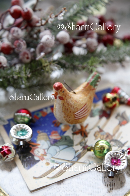 Антикварная елочная игрушка из ваты "Курочка". СССР