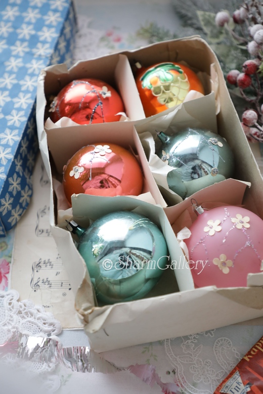 Набор елочных игрушек "Шары", в коробке №64, СССР. 6шт.