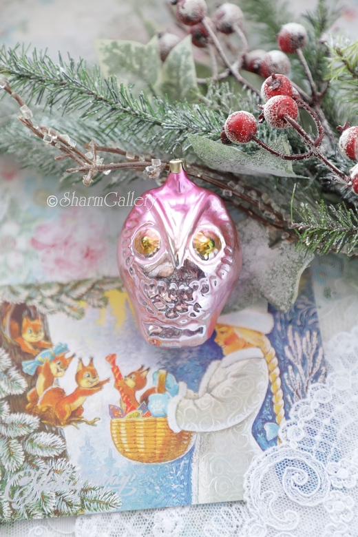 Сова (розовая) №2. Елочная игрушка, стекло, СССР.