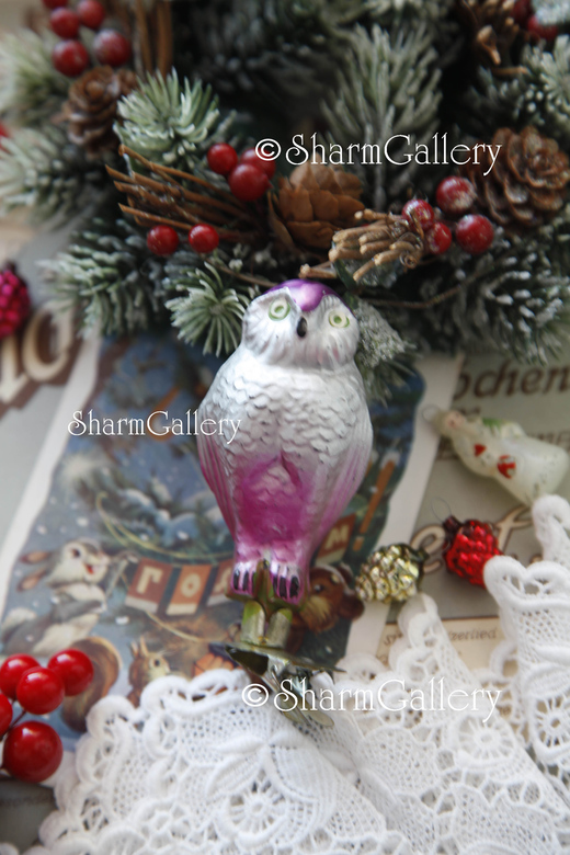 Елочная игрушка "Сова" №4, стекло на прищепке, СССР.