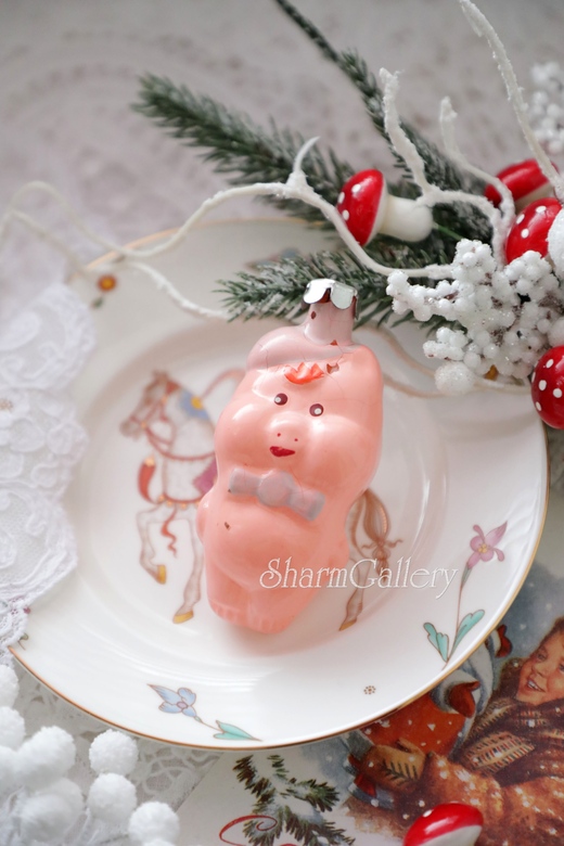 Елочная игрушка "Поросенок" №2. Стекло, СССР.