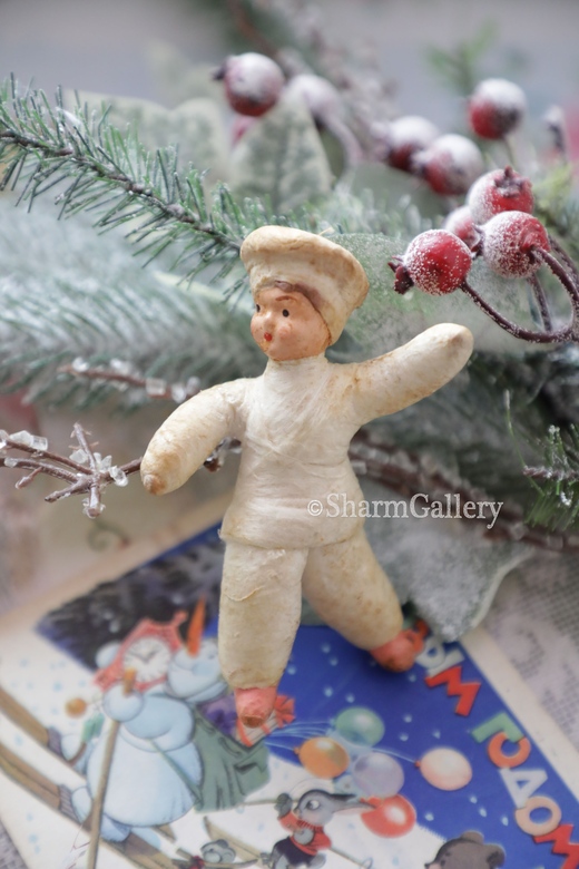 Антикварная елочная игрушка из ваты "Поваренок". СССР